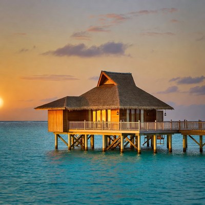 Overwater bungalow at sunset