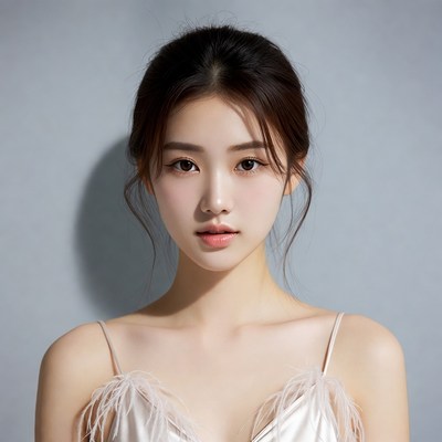 Asian woman in white feather dress