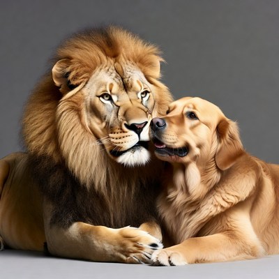 Lion cuddling golden retriever