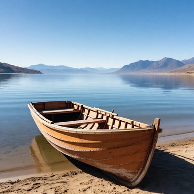 Wooden Rowboat on Lakeside Beach