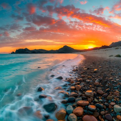 Sunset over rocky beach