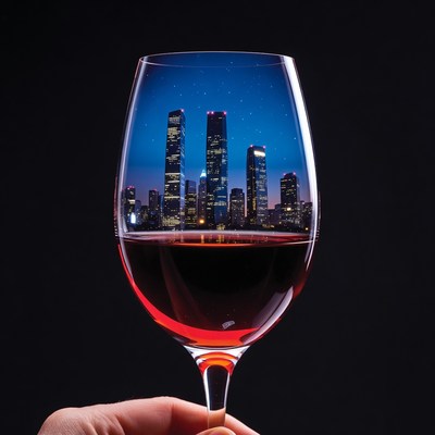 Red Wine Glass with City Skyline