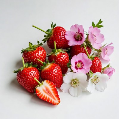 Fresh Strawberries with Pink White Flowers