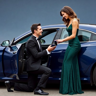 Man proposing to woman beside car