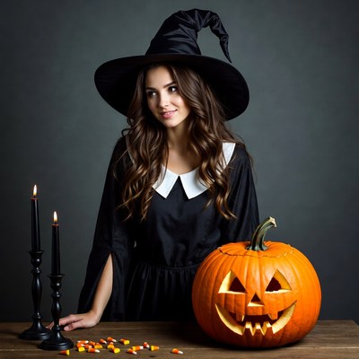 Woman in witch hat with jack-o-lantern