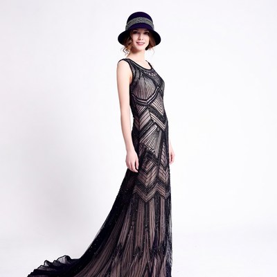Woman in Flapper Beaded Gown and Hat
