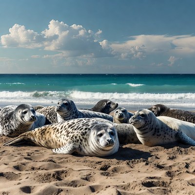 Harbor seals lounging on beach