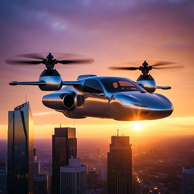 Futuristic Flying Car Over City Sunset