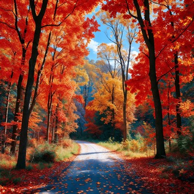 Autumn Path Through Red Maple Trees