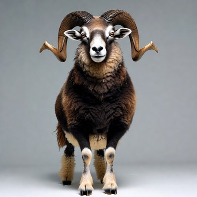 Close-up of ram with large curved horns