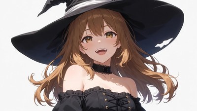 Anime girl in witch hat smiling