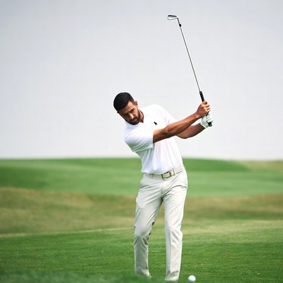 Man swinging golf club on green