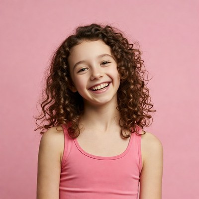 Curly-haired girl smiling on pink background