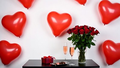 Red Roses Champagne Balloons Valentine's Setup