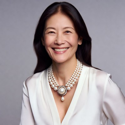 Asian woman wearing pearl necklace