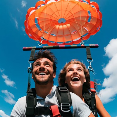 Smiling couple skydiving with orange parachute