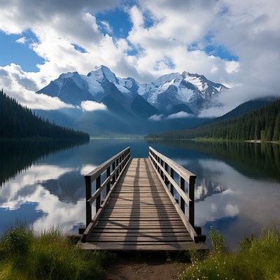 Wooden Pier Over Calm Lake with Snowy Mountains