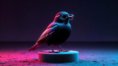 Black bird wearing glasses on pedestal