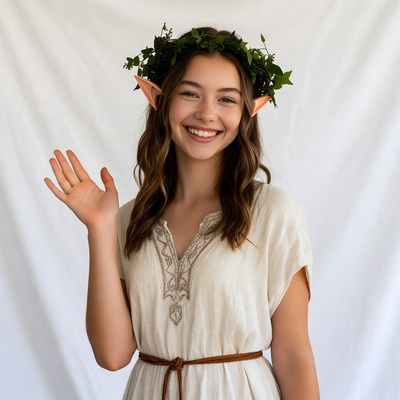 Girl with elf ears waving in ivy crown