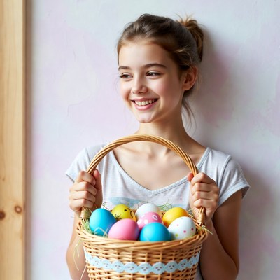 Girl holding Easter basket eggs