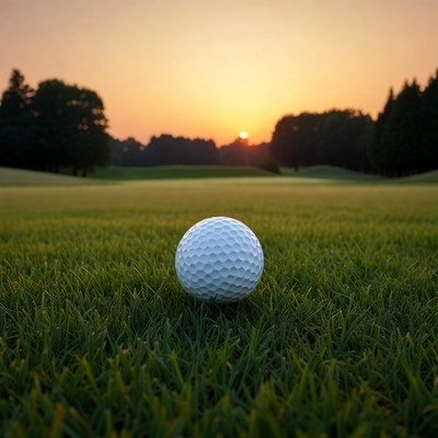 Golf ball on fairway at sunset