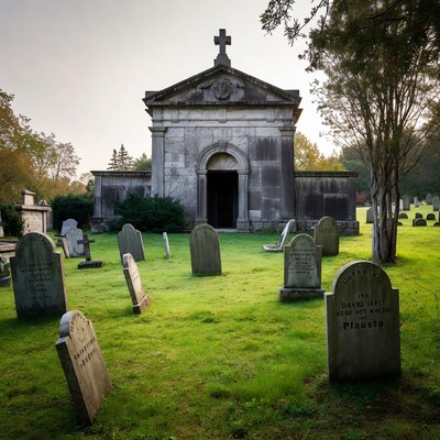 Old Mausoleum in Cemetery with Gravestones