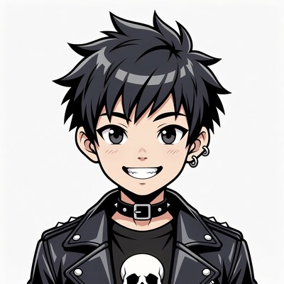 Anime boy in leather jacket smiling