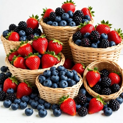 Strawberries and Blueberries in Wicker Baskets