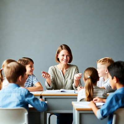 Teacher engaging with group of children