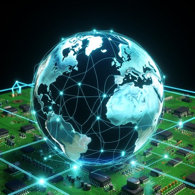 Glowing Earth Globe on Circuit Board