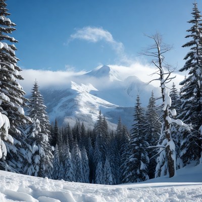Snowy Mountain Peak with Pine Trees