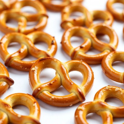 Golden pretzels on white background