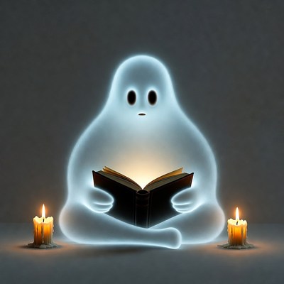 Ghost reading book with candles