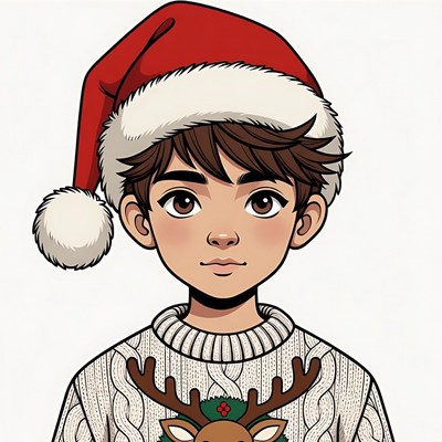 Boy wearing Santa hat and reindeer sweater