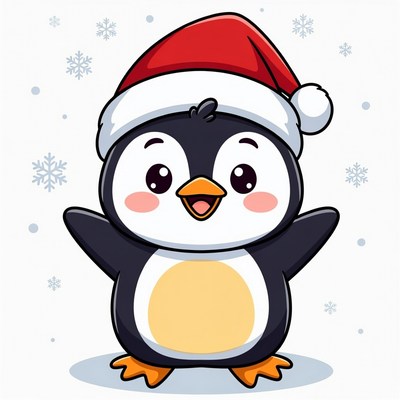 Cute Cartoon Penguin Wearing Santa Hat
