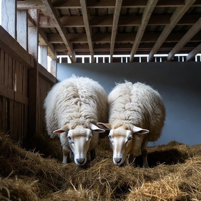 Two sheep eating hay in barn