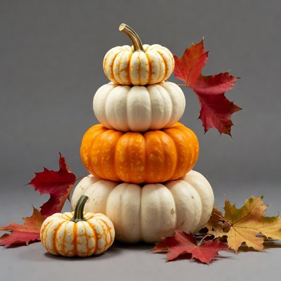 Stacked Pumpkins with Autumn Leaves