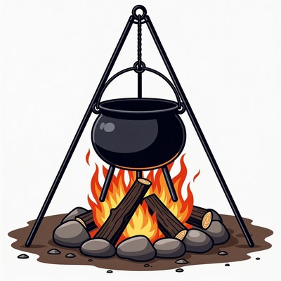 Campfire with Cauldron Over Flames