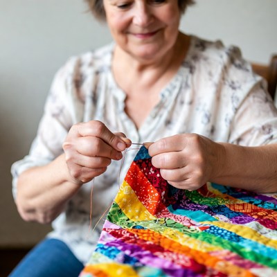 Elderly woman sewing colorful quilt