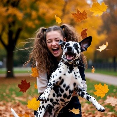 Girl hugging Dalmatian in autumn leaves
