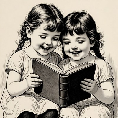 Two girls reading book together