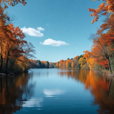 Autumn Lake with Orange Trees Reflection