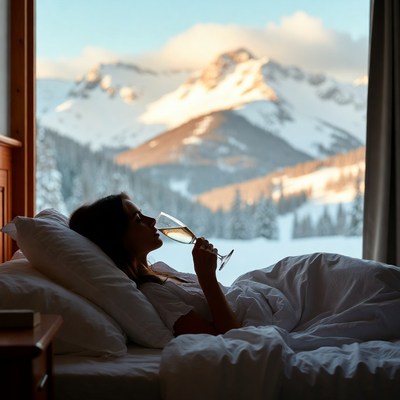 Woman sipping wine by snowy mountain window