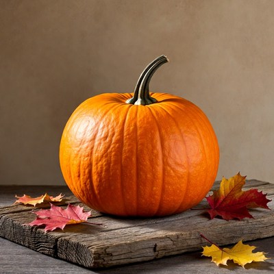 Pumpkin with autumn leaves on wood