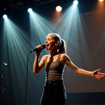 Teen girl singing on stage