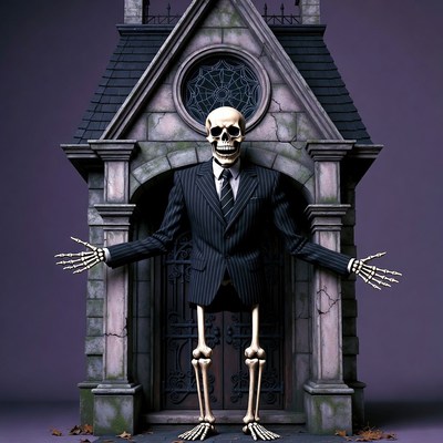 Skeleton in Suit at Gothic Mausoleum