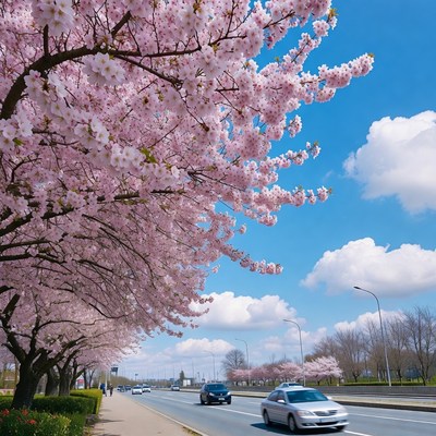 Cherry Blossom Trees Lining Road