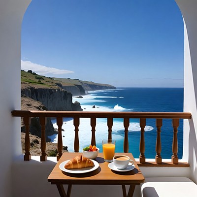 Breakfast on balcony overlooking ocean cliffs
