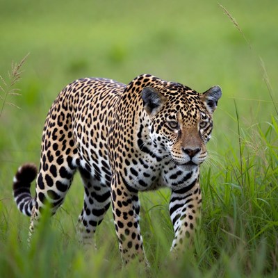 Jaguar walking in tall grass