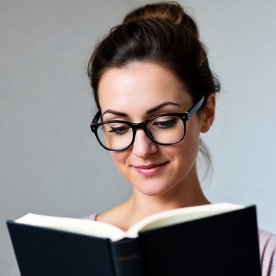 Woman reading book with glasses